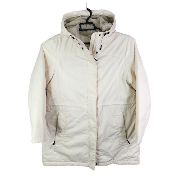 Womens Ivory L.L. Bean Pet Hooded Coat Fleece Lining Full Zip Long Sleeve Size L - Picture 1 of 9